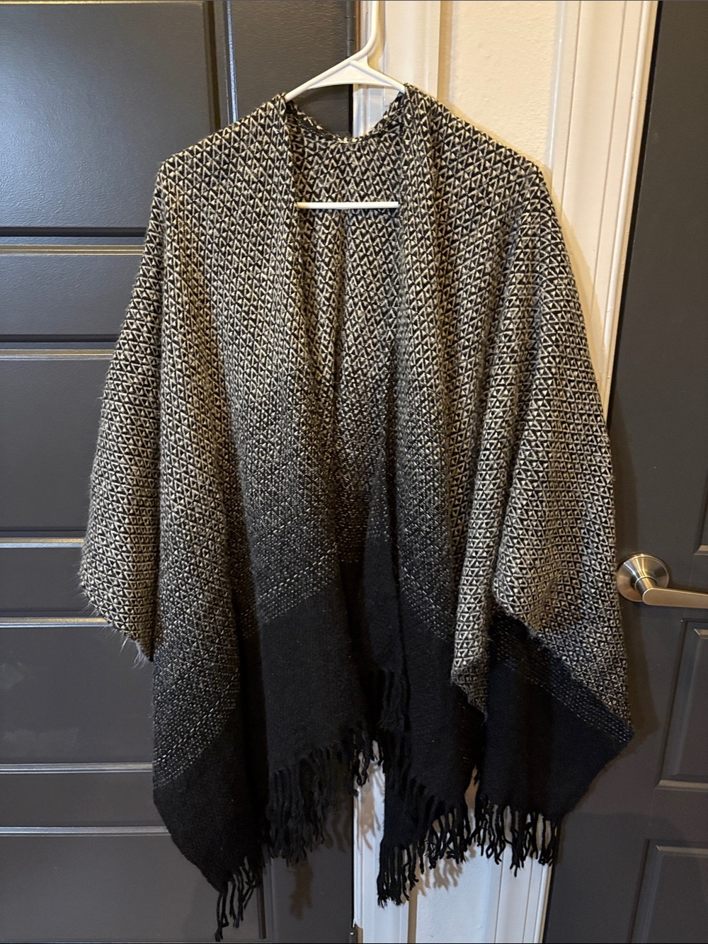 Black and Gray Woven Fringe Throw Shawl -